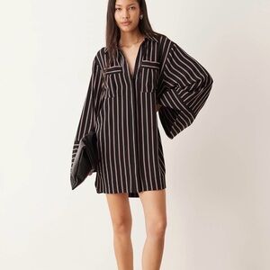 ASOS DESIGN mini shirt dress wide cuffs & oversized pockets black w/ red stripes